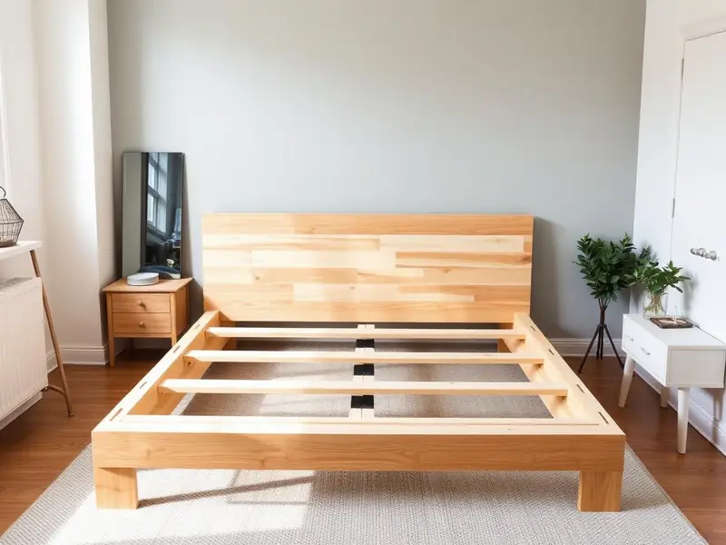 Cama de madeira montada no quarto