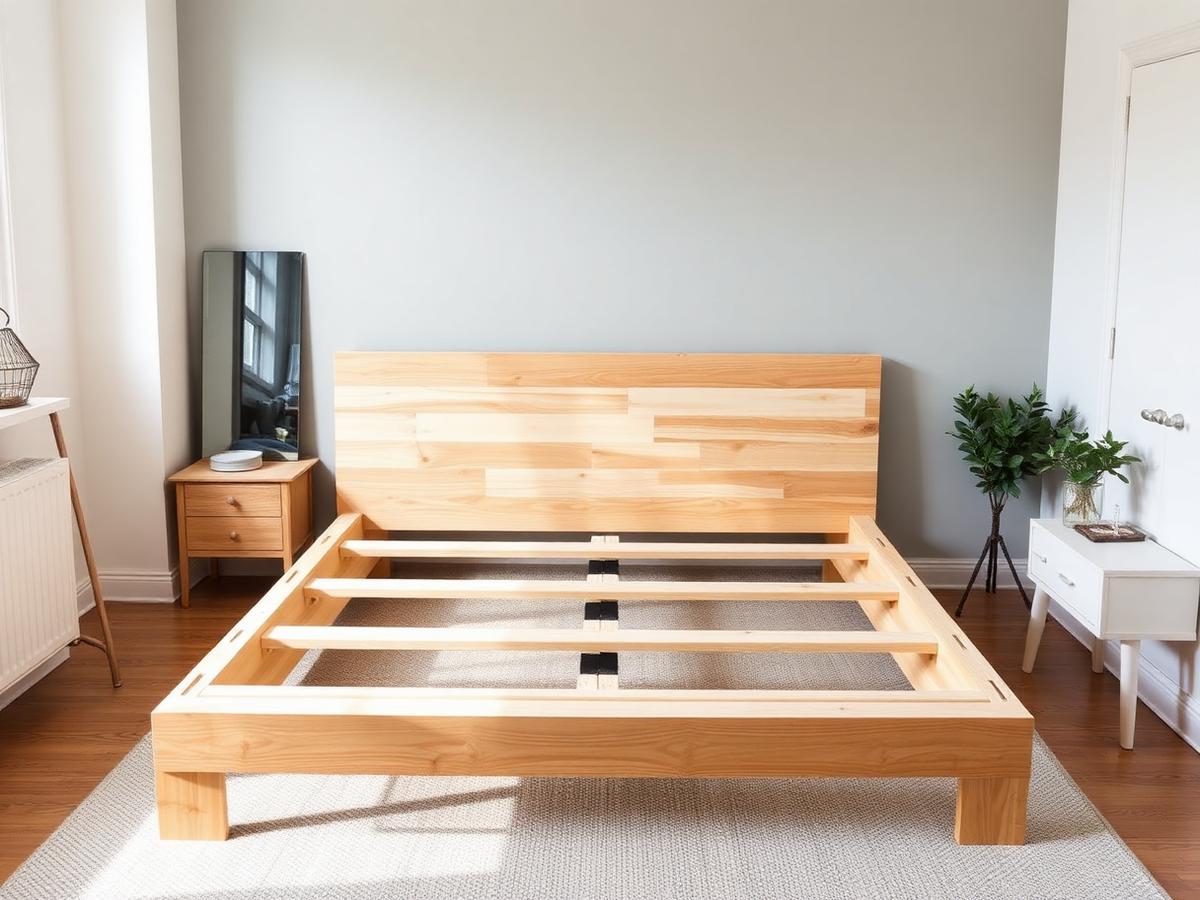 Estrutura de cama de madeira montada no quarto