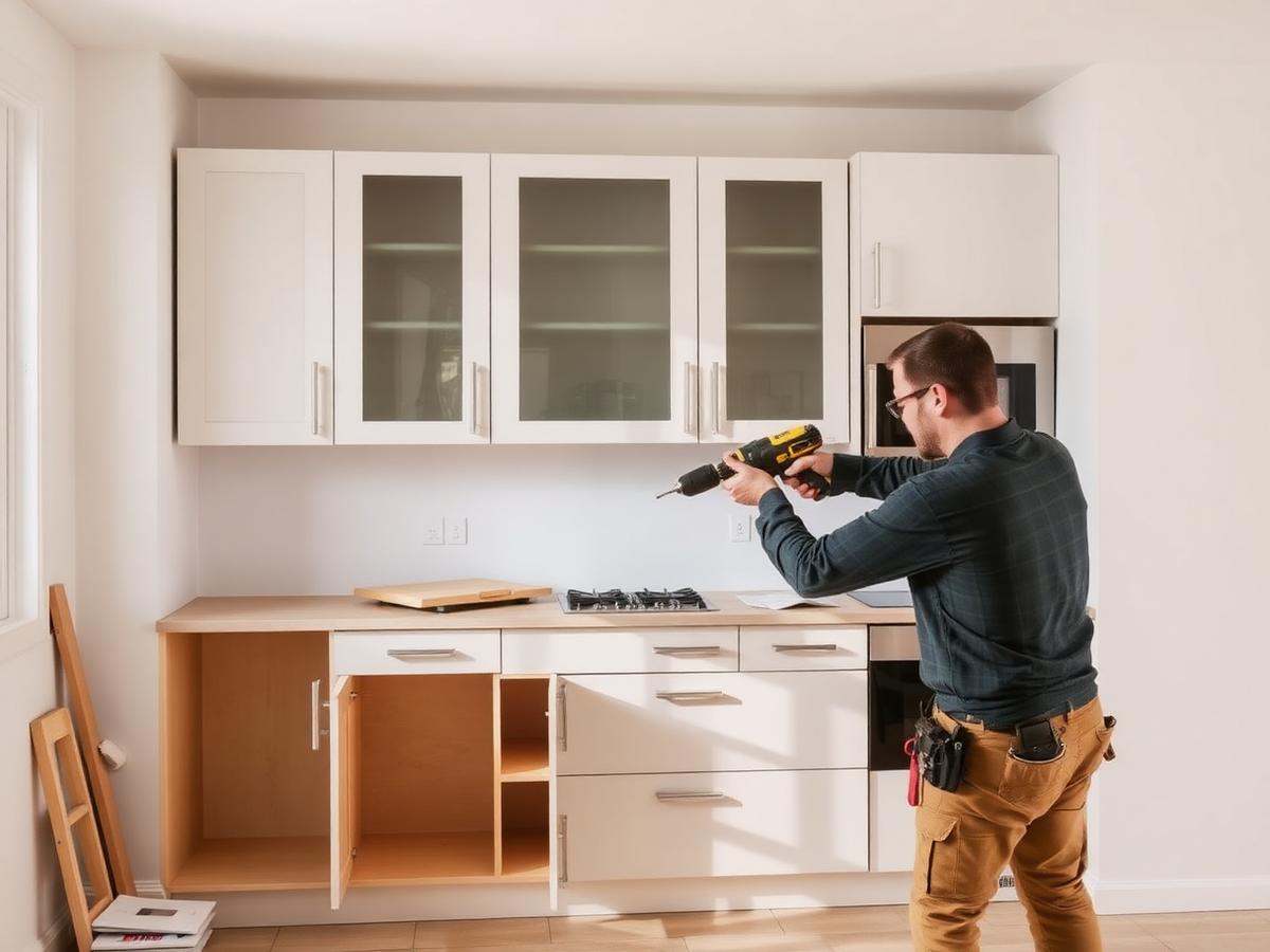 Armários de cozinha sendo montados e instalados