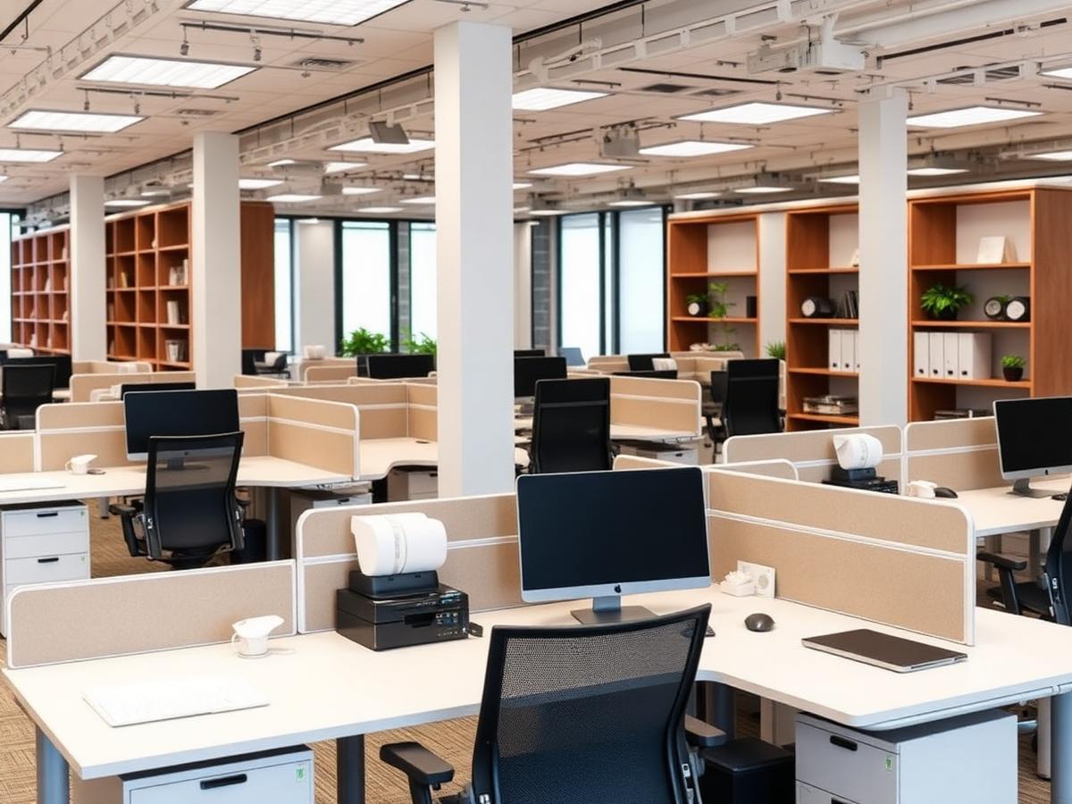 Estações de trabalho e estantes montadas em escritório